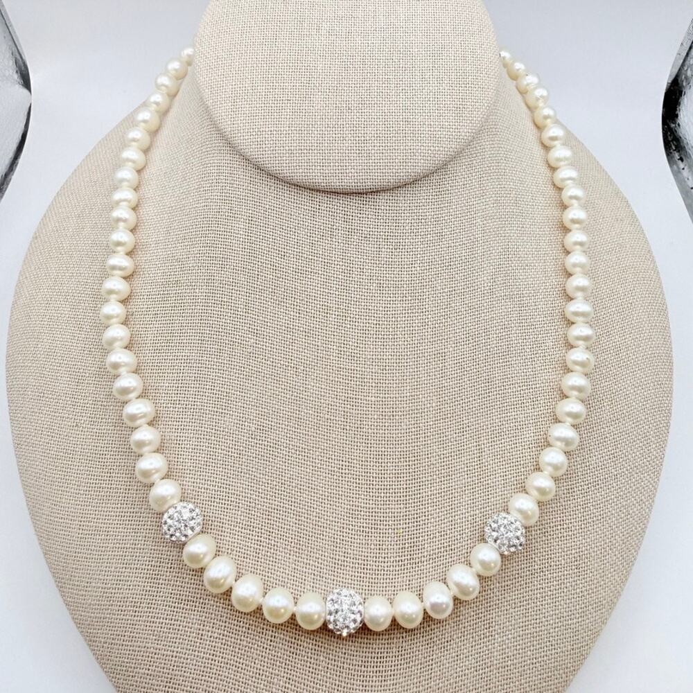 Signed IPS 925 Cultured Potato Pearl Knotted Crystal Balls Necklace Silver Clasp